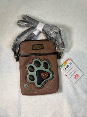 Chala Brown Crossbody Phone Pouch with Mint Paw Accent